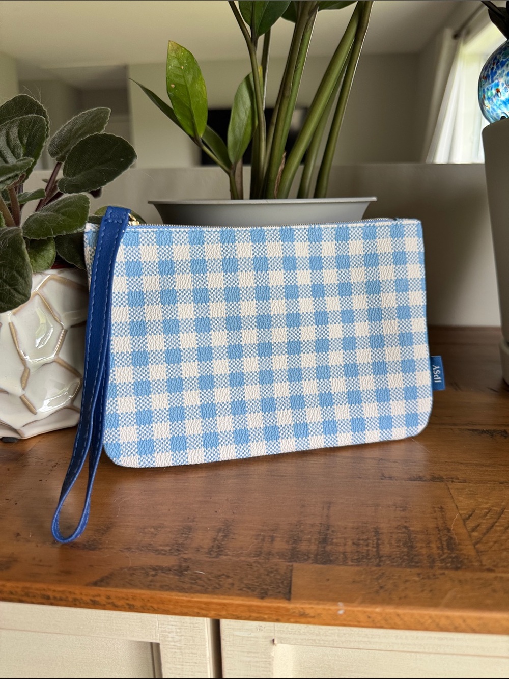 ipsy Light Blue Gingham Wristlet Clutch